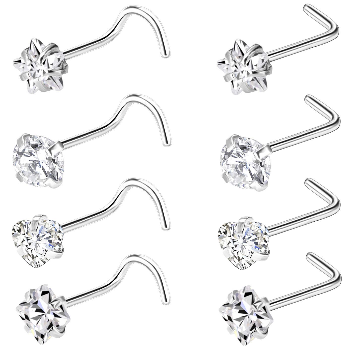 BODYA 8Pcs Nose Piercing Studs 316L Surgical Stainless Steel L Shaped Nose Piercing Jewelry