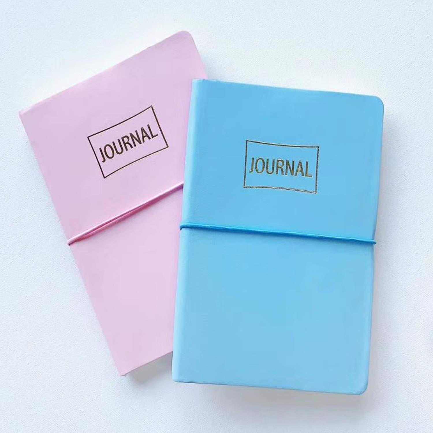 2 A6 Notebooks with PU Leather Cover, Lovely and Light Weight Notebooks, Handy A6 Size Notebooks with Elastic Closure for Writing Daily Diary, Journals, to Do List (Macarone Pink+Blue)