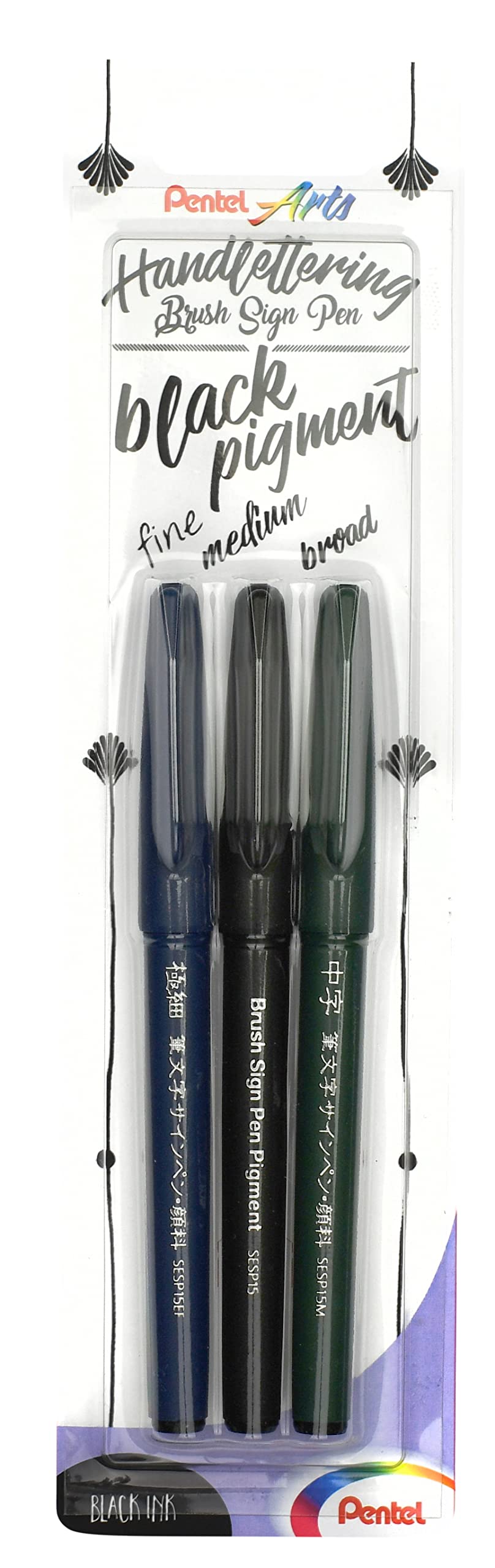 Pentel XSESP15/3 Brush Sign Pen - Pigment Black Ink Edition Calligraphy Pen with Flexible Brush Tip, Blister Card with 3 Line Widths