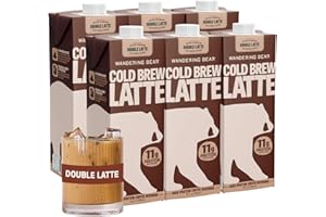 Wandering Bear Double Latte Organic Cold Brew Coffee — 32 fl oz, 6 pack - Creamy High-Protein Cold Brew Latte, 11 g Protein, Only 100 Calories, 5 g Sugar, Double Shot Strength (Shelf-Stable)