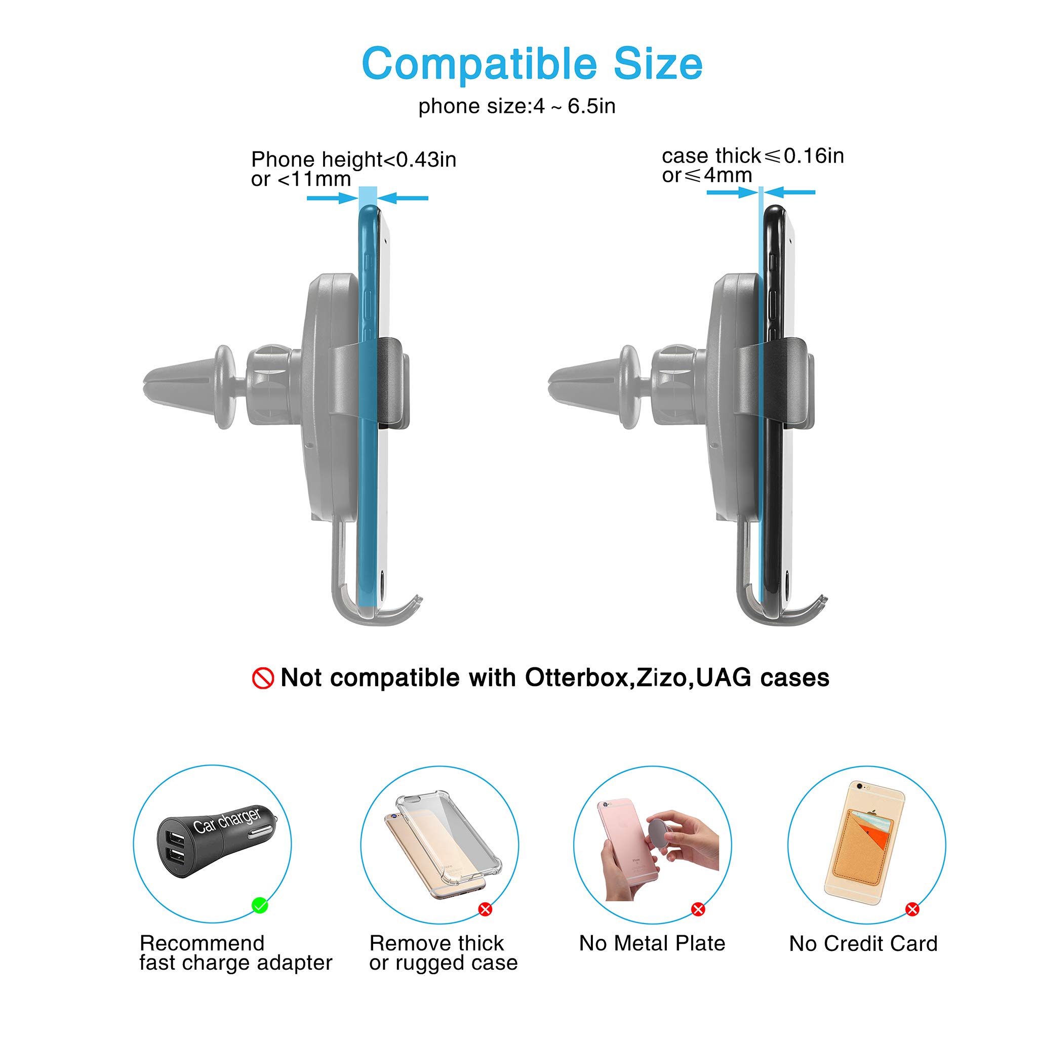 Qi Wireless Car Charger Mount,Wireless Charger Car Holder, Gravity Car Mount Air Vent Phone Holder, 10w Charge for Samsung Galaxy S9/S9+/S8/S8+/S7/S7 Edge/S6/S6 Edge/Note 8/Note 5, Standard Charge for iPhone X/8/8 Plus