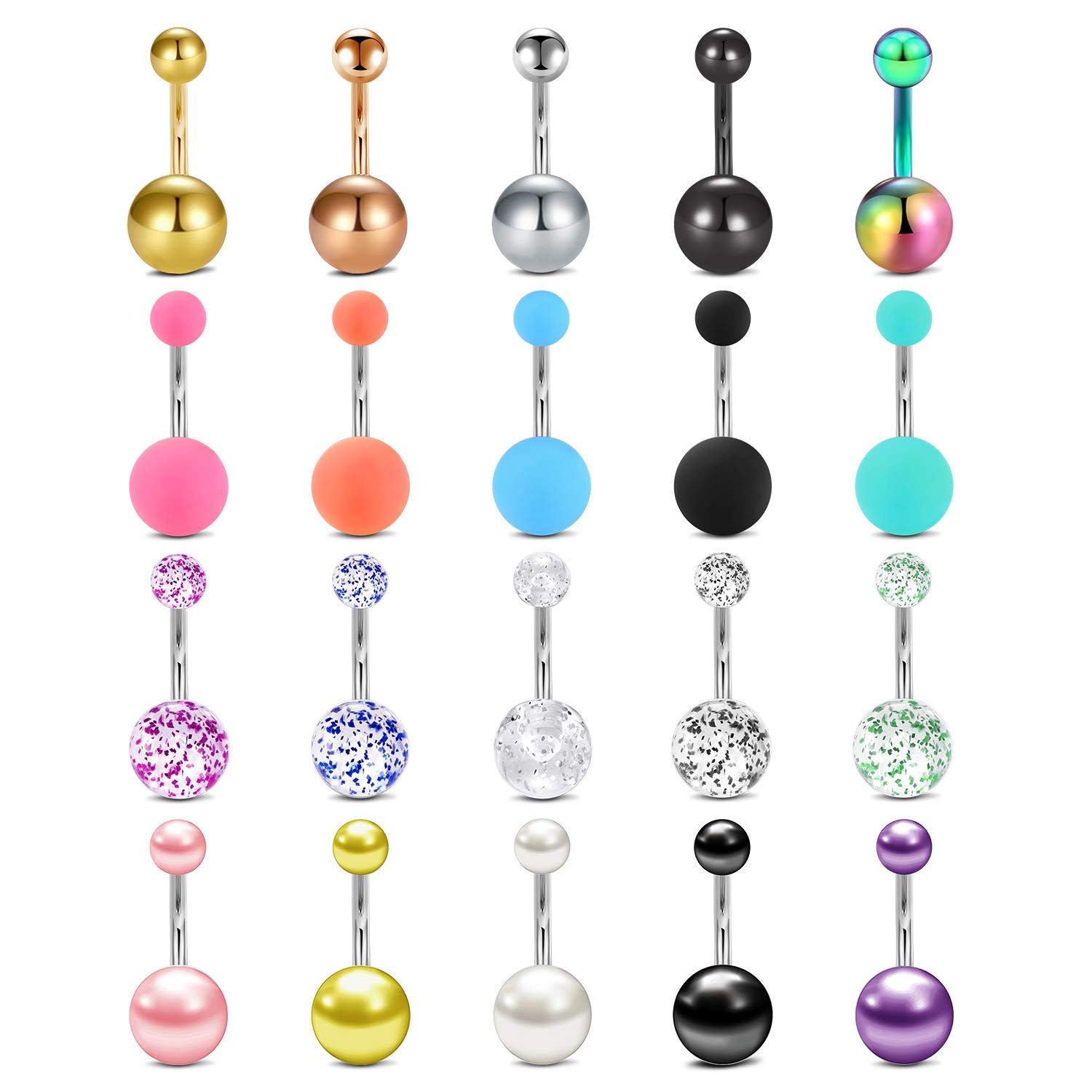 Rajnard Belly Bars 14G Surgical Stainless Steel CZ Belly Piercing 3/8" 10mm Piercing Barbell Body Jewelry for Women 20Pcs Style 1