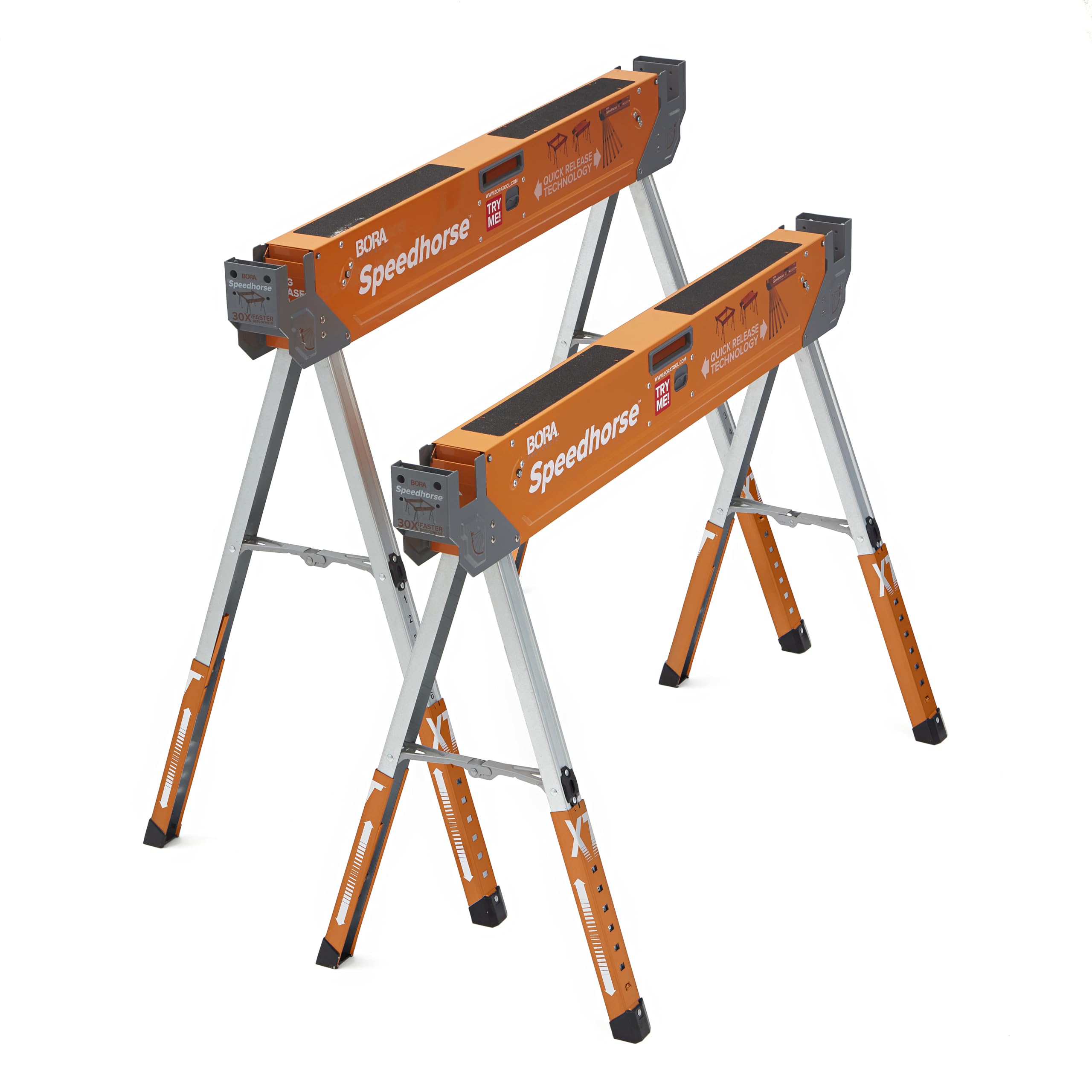 Photo 1 of Bora Portamate Speedhorse XT Sawhorse Pair- Two pack, 30-36 inch height adjustable Legs, Metal Top for 2x4, Heavy Duty Pro Bench Saw Horse for Contractors, Carpenters - PM-4550T,Orange