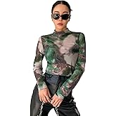 Milumia Women's Tie Dye Mock Neck Tee Sheer Long Sleeve Fitted Tops