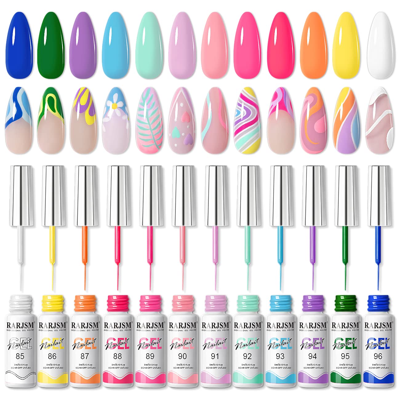 RARJSM Gel Liner Nail Art Polish Set,12 Colors Sweet Candy Pastel Painting Gel Spring Summer Built in Thin Skinny Nail Art Brush Soak Off Curing Needed 5ml for Home Salon Nail Design