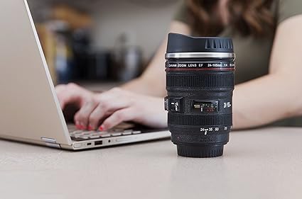 Camera Lens Plastic Coffee Mug with Lid, 350ml, Black