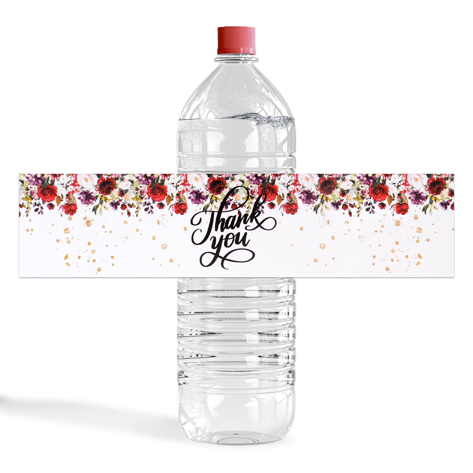 URROMA 50Pcs Red Flowers Water Bottle Labels, Thank you Wedding Drinking Water Bottle Label Date Labels for Bridal Shower Party