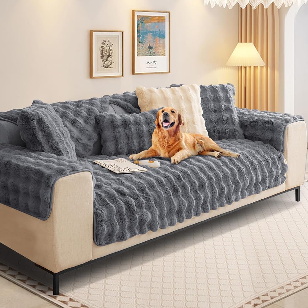 SHANNA Thick Rabbit Plush Sofa Cover 1 2 3 Seater Grey 70x90cm Armrest