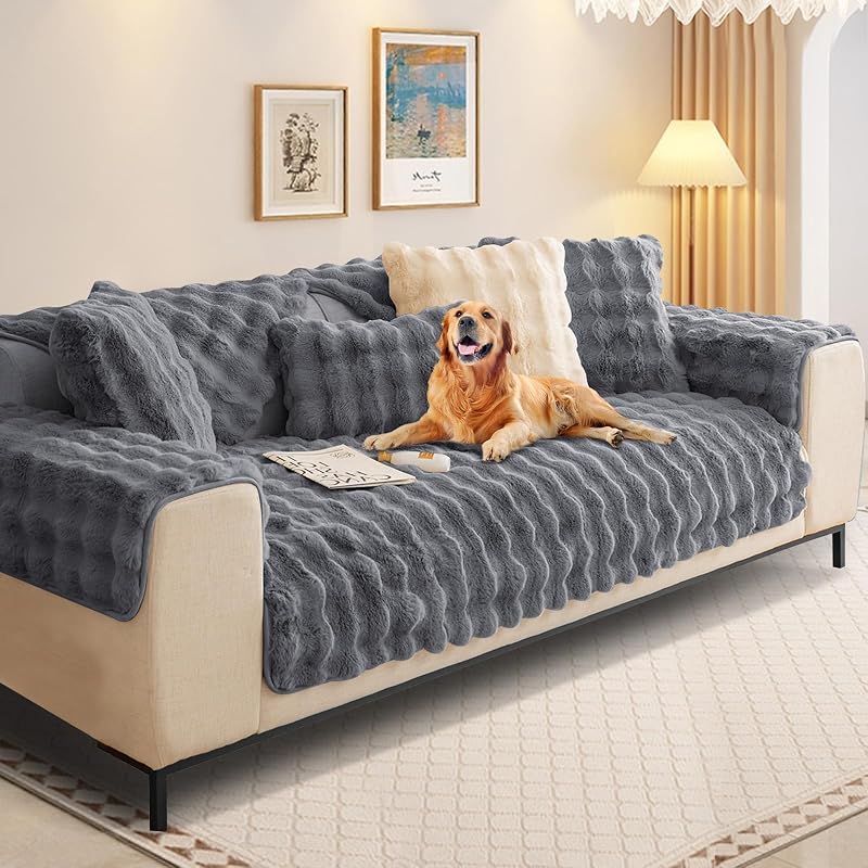 SHANNA Thick Rabbit Plush Sofa Cover 1 2 3 Seater Grey 70x90cm Armrest