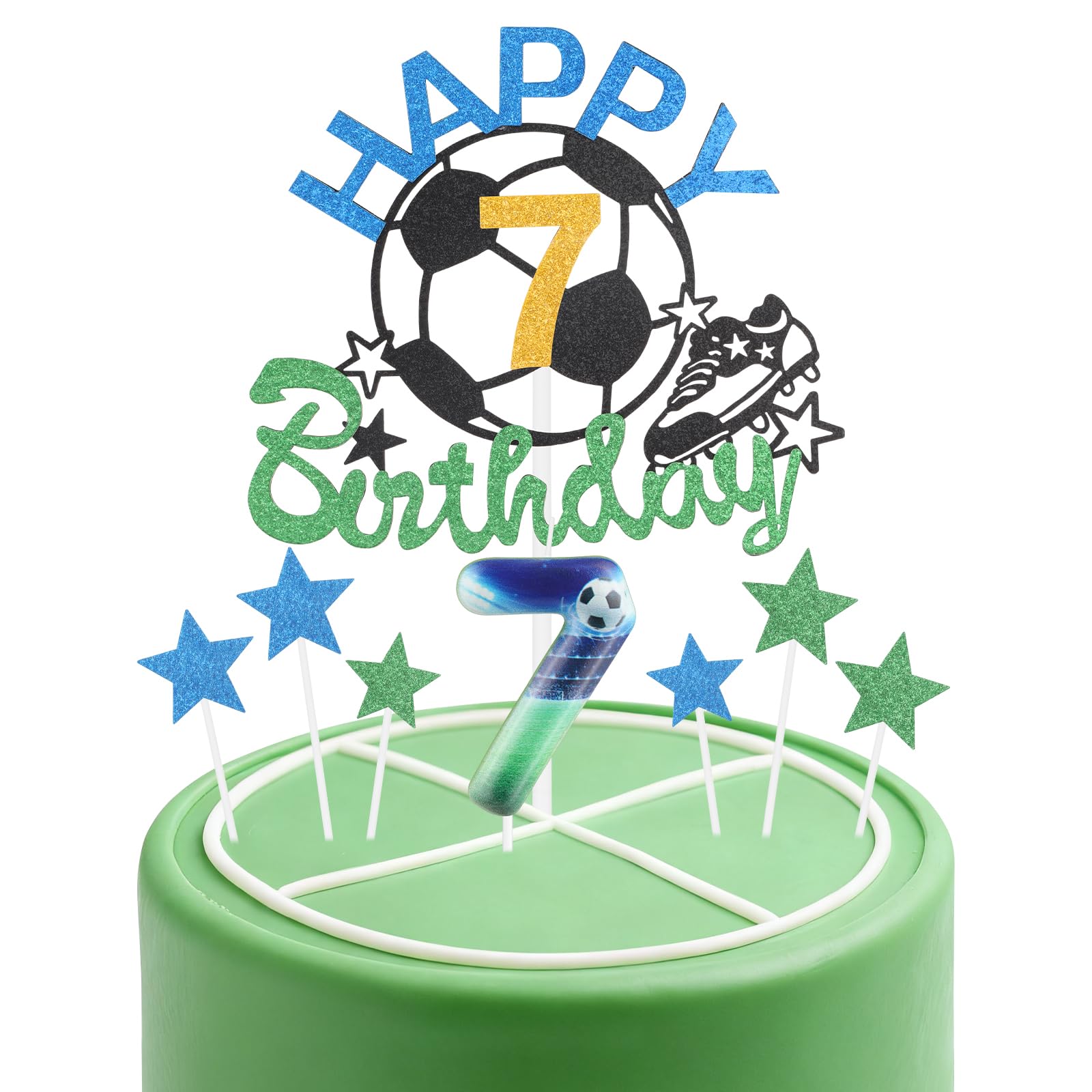Football Birthday Candles Cake Toppers Set,Soccer Number 7 Candle for Cake,Boys 7th Birthday Decorations,Blue Green Candles Cake Toppers Soccer Cake Decorations for Football Themed Party Supplies