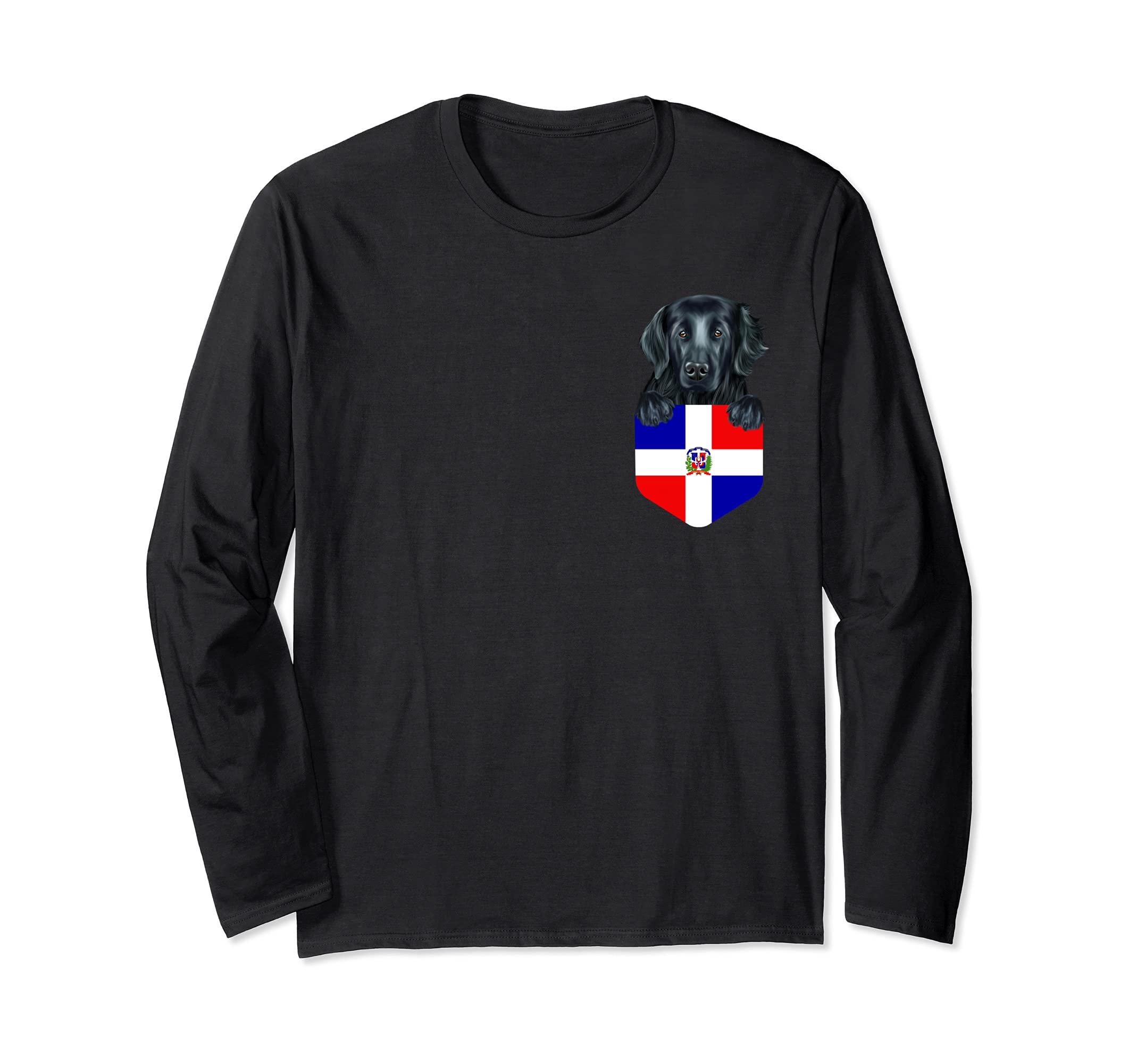 Dominican Republic Flag Flat-Coated Retriever Dog In Pocket Long Sleeve T-Shirt