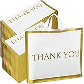 Sweetude 200 Pcs White Gold Thank You Plastic Shopping Bags with Handle 12 x 15 in Merchandise Boutique Bags for Small Business Gifts Stores