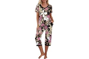 PrinStory Women's Pajama Set Short Sleeve Shirt and Capri Pants Sleepwear Pjs Sets with Pockets