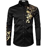 ZEROYAA Men's Hipster Shiny Design Slim Fit Long Sleeve Button Up Party Dress Shirts