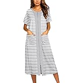Ekouaer Robes For Women Zipper Front Bathrobe Short Sleeve House Coat Long Nightgown With Pockets Soft Loungewear