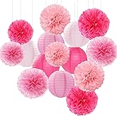 Light-Hot Pink Party-Decorations Paper-Flowers Lanterns - 15pcs Graduation Girl Birthday Decor Tissue Pom Poms Streamers, Bridal Baby Shower Wedding Bachelorette Valentine Hanging Supplies Hugfond