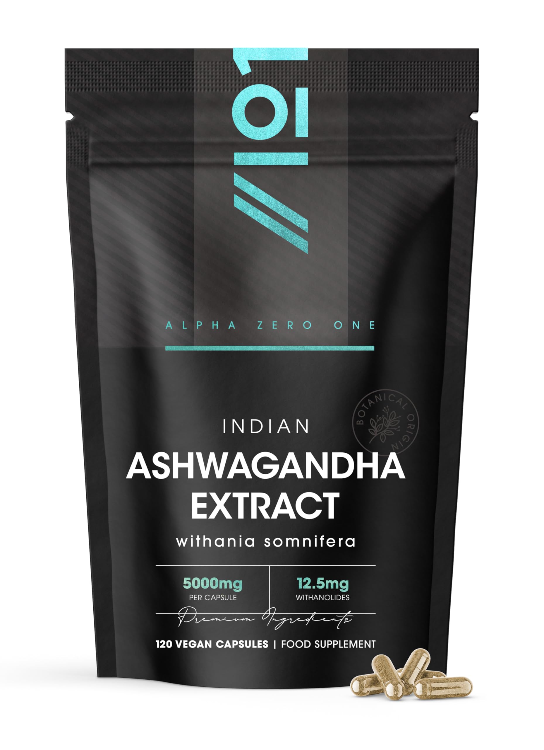 Ashwagandha Extract 5000mg - 5% Withanolides (12.5mg) - 120 Vegan Capsules - Made with BioPerine® Black Pepper for Higher Bioavailability (4 Month Supply) by Alpha01