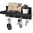 NAUMOO Black Wooden Key Holder - Wall Mounted Mail Organizer and Key Hanger - Modern Farmhouse Entryway Shelf with 4 Double Brass Hooks - Decorative Rack for Car Keys, Wallet