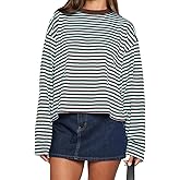 ABYOVRT Women Striped Long Sleeve Shirt Crewneck Cropped Pullover Top Fall Winter Vintage Sweatshirt Streetwear