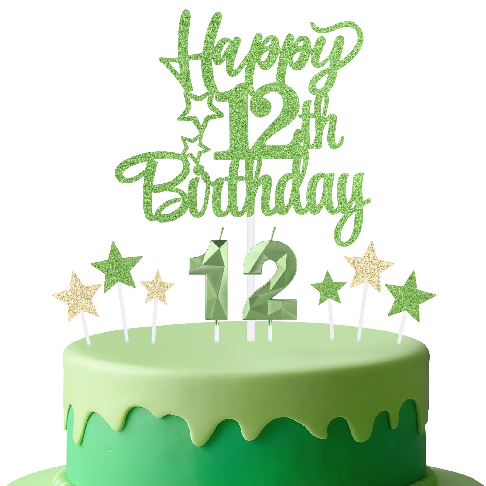 mciskin Tender Green 12th Birthday Candles Cake Toppers Set,3D Number 12 Candle for Cake,Light Green Candles Yellow Star Toppers for Girls Boys 12th Birthday Decorations Party Supplies