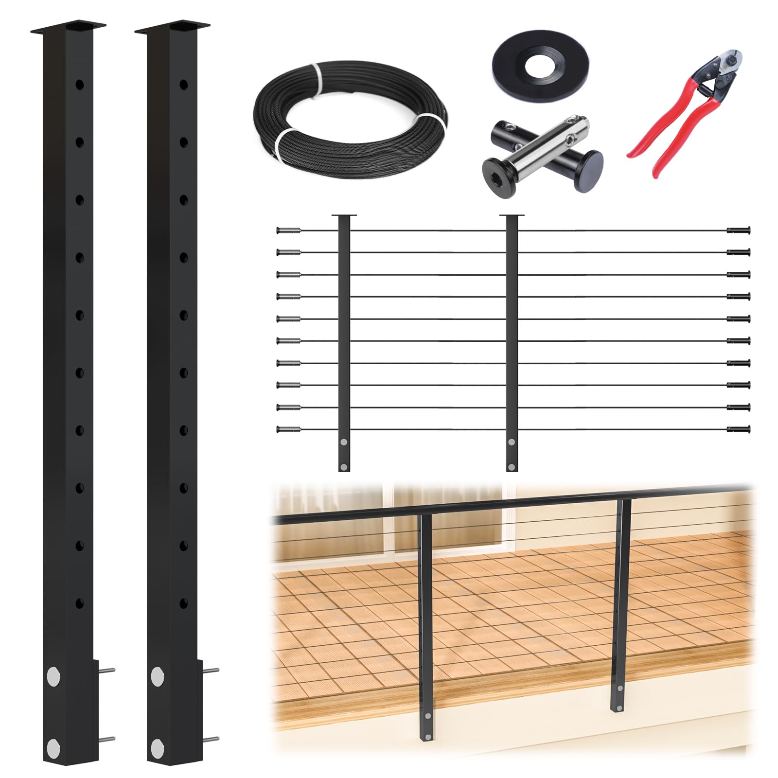Photo 1 of Muzata 5-10FT Modular Black Side Mount Cable Railing Kit 36 Inch 2 Level Post Kit Complete Set Cable Railing System for Decks Length Adjustable with Paper User Guide (No Handrail) RWF2 BH4S
