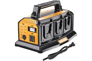 HIESUAN 2-in-1 Portable Inverter Charger, 1200W Pure Sine Wave Inverter & 6A Rapid Charger for DeWalt 20V Battery, 6-Port DC to AC 120V Converter, 3 USB-A + 3 USB-C, 300lm LED Light for RV Camp Off-Grid
