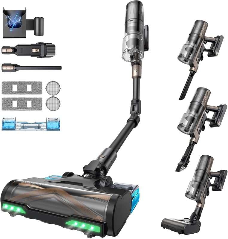 P20+ Staubsauger mit Wischfunktion, 70 KPa 70 Mins 680W Akku Staubsauger Kabellos mit Selbststehend Wandladestation Anti-Tangle 6 Schichten Filter 1,5L, für Teppiche Haustierhaare