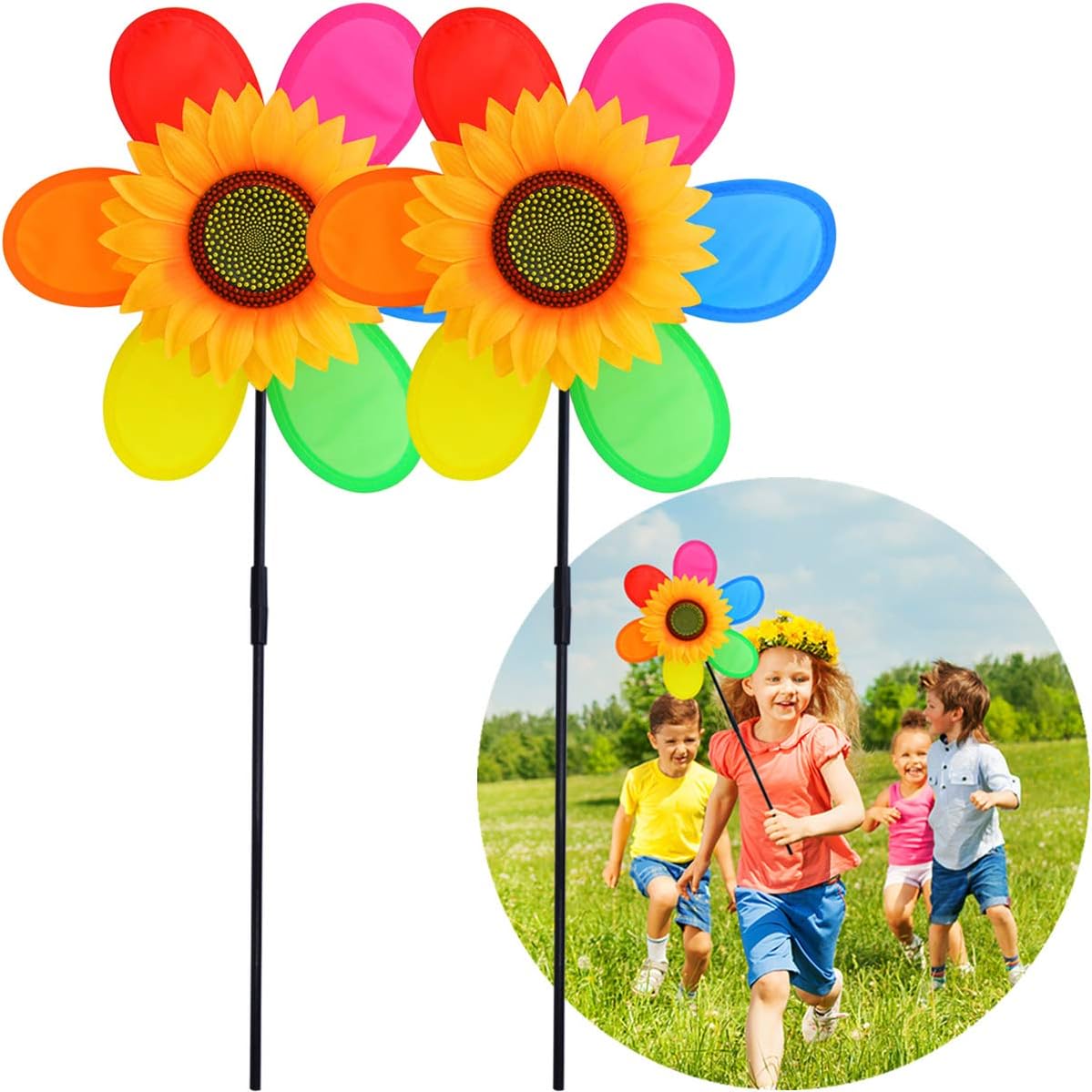 Quality Yes Rainbow Sunflower Garden Wind Spinners Pinwheels Bee Stakes Decorations Outdoor Lawn Decorative Yard Decor Patio Accessories Windmills Ornaments Gardening,2pack
