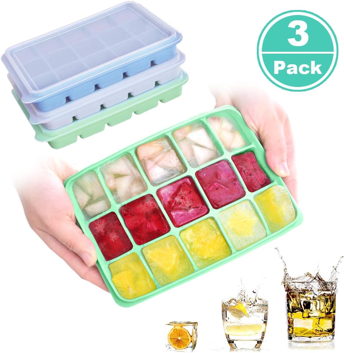 Ice Cube Trays 3 Pack 45 cubes,MIEVERY Silicone Ice Trays Spill-Resistant Silicone Lid,Ice Cube Molds Easy-Release Durable and Dishwasher Safe,FDA Certified & BPA Free