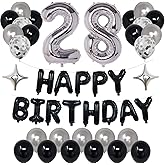 NANINUNENO 28th Black Silver Birthday Party Decorations for Men Women, Happy 28 Birthday Party Supplies with Black Happy Birthday Banner,28 Number Balloons, Silver Foil Stars, Happy Birthday Balloons for 28th Birthday
