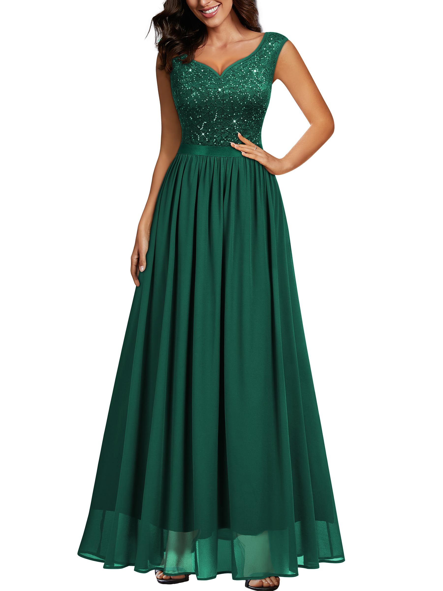 Photo 1 of Miusol Women's Sexy Deep V-Neck Sequin Lace Double Sleeveless Evening Party Maxi Dress (X-Large, Dark Green)