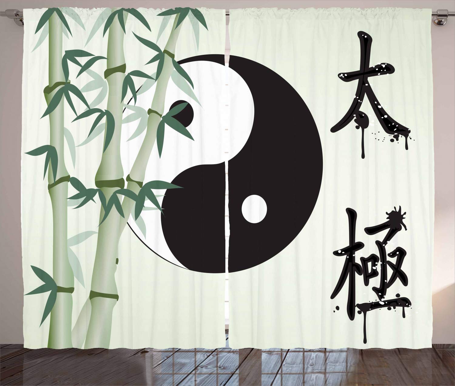 ABAKUHAUS Yin Yang Curtains, Taiji Philosophy for Oneness Before Duality Themed Calligraphy Bamboo Yin Yang, Living Room Bedroom Window Drapes 2 Panel Set, 280 x 175 cm, White and black