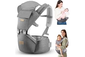 VYPERX 6-in-1 Ways Baby Carrier with Hip Seat and Lumbar Support, Newborn to Toddler, 0-36 Month, 7-33 Lb, Ergonomic All Positions Kids Carrier Soft Baby Holder Carrier with Hood Light Grey