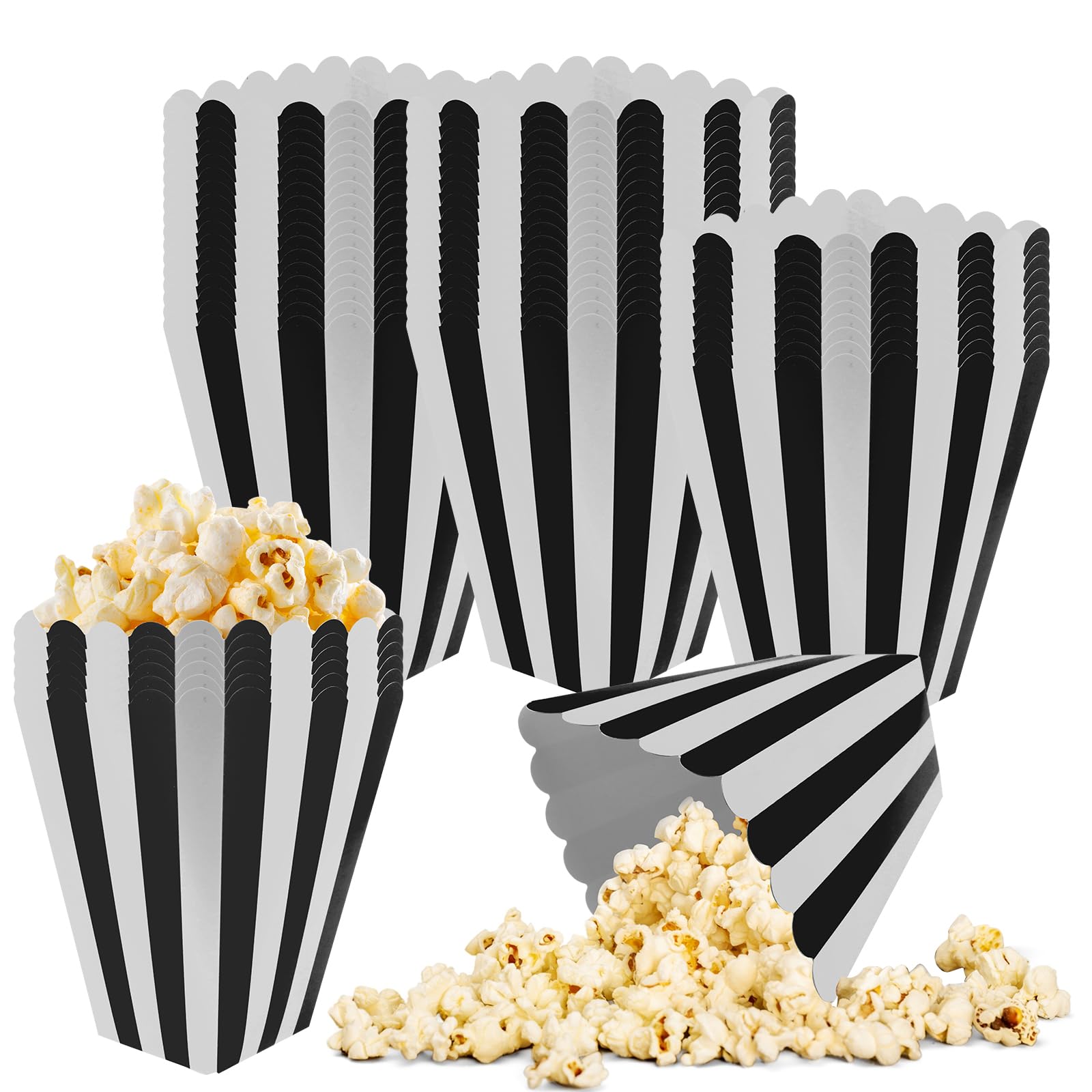 Photo 1 of 50 Pcs Popcorn Boxes Black and White Striped Cardboard Popcorn Container for Halloween Movie Nights Birthday Wedding(Black,White)