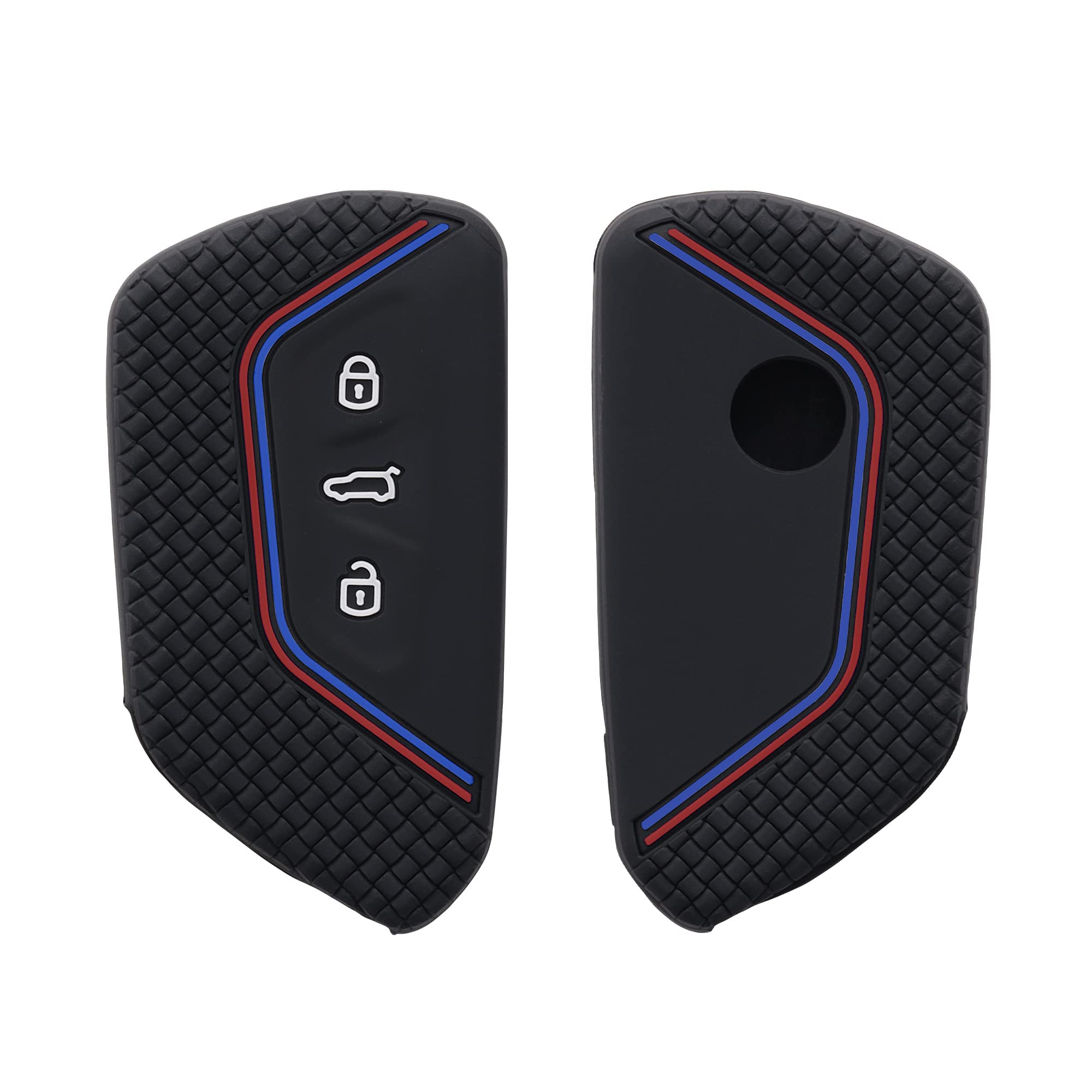 kwmobile Car Key Case Compatible with VW Golf 8 3-Button Car Key Accessory – Protective Soft Silicone Case – Black-Red-Blue