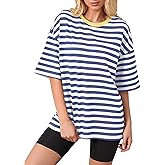 TERIVEEK Women Oversized Striped Color Block Short Sleeve Crew Neck T-Shirts Casual Loose Pullover Tops Summer Tee Shirt