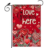 ZAEW Love Grows Here Valentine’s Day Garden Flag Romantic Love Heart Floral Yard Flag 12x18 Inch Double Sided Small Mini Yard Outdoor Outside Holiday Decoration
