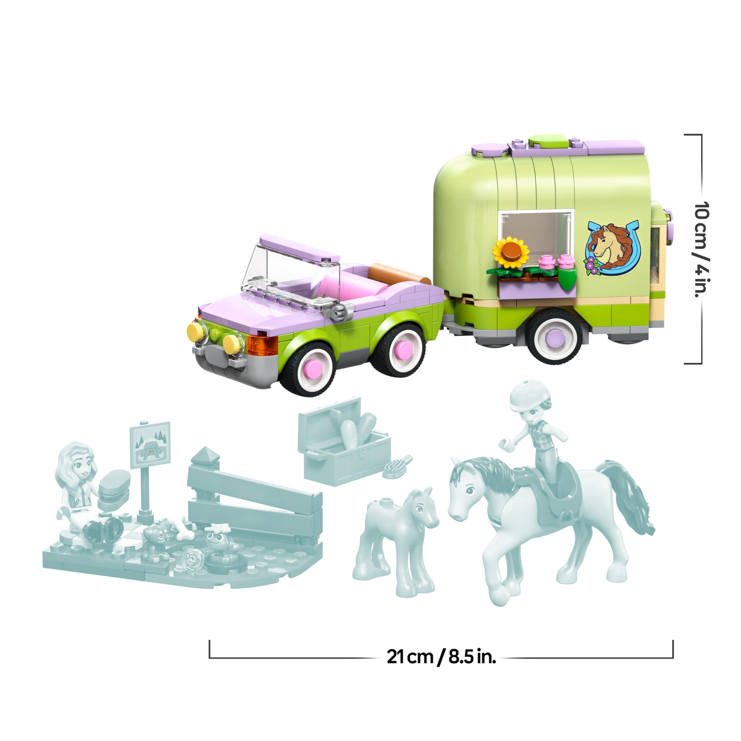 LEGO Friends Pferd und Fohlen mit Pferdeanhänger - Pferde Spielset mit Pflegezubehör, 4 Tierfiguren, Auto & 2 Mini Puppen - Geschenkidee zum Geburtstag für Mädchen ab 7 Jahren - 42695 8