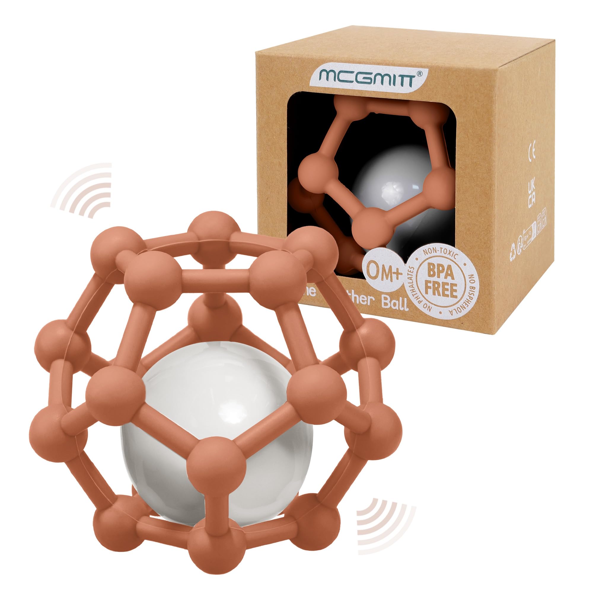 MCGMITT Baby Rattle Teething Ball Toys for Babies 0 3 6 9 12 Month to Grab and Chew, Soft Silicone Sensory Teether Balls Shaker Toy Gifts for Newborn Infants (Caramel)