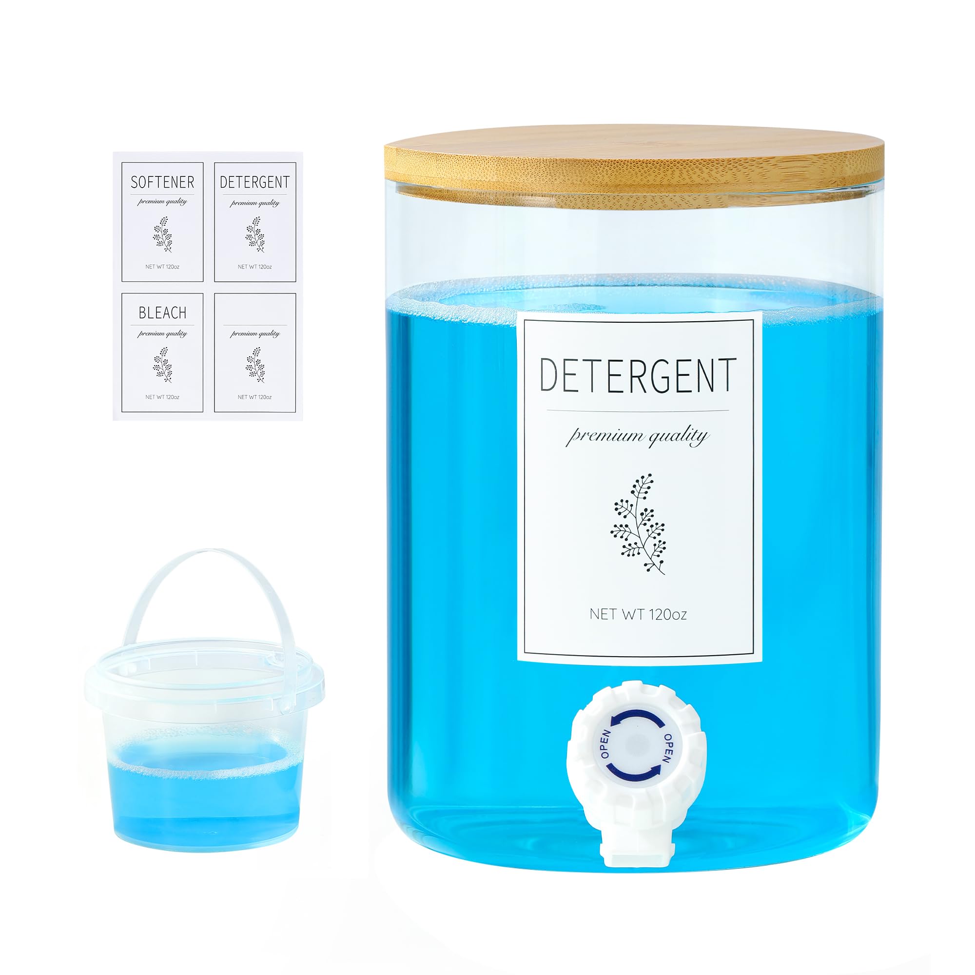 Photo 1 of 1 Glass Laundry Detergent Dispenser with Bamboo Lid - 120 Oz Liquid Detergent, Laundry Soap & Fabric Softener Dispenser for Laundry Room Organization and Storage with 1 Cups & 4 Labels