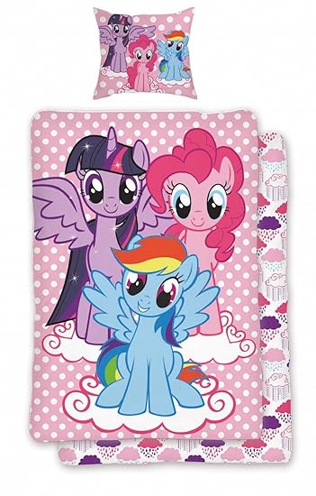 Bettwäsche Set My Little Pony Pink Rosa 2tlg Wendeoptik 100% Baumwolle Gepunktet Kinder Pferde Design, Größe:135x200 cm + 80x