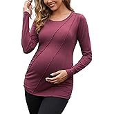 DEBELLY Maternity Long Sleeve Shirt Pleated Crew Neck Pregnancy Top for Women Side Ruched Work Lounge