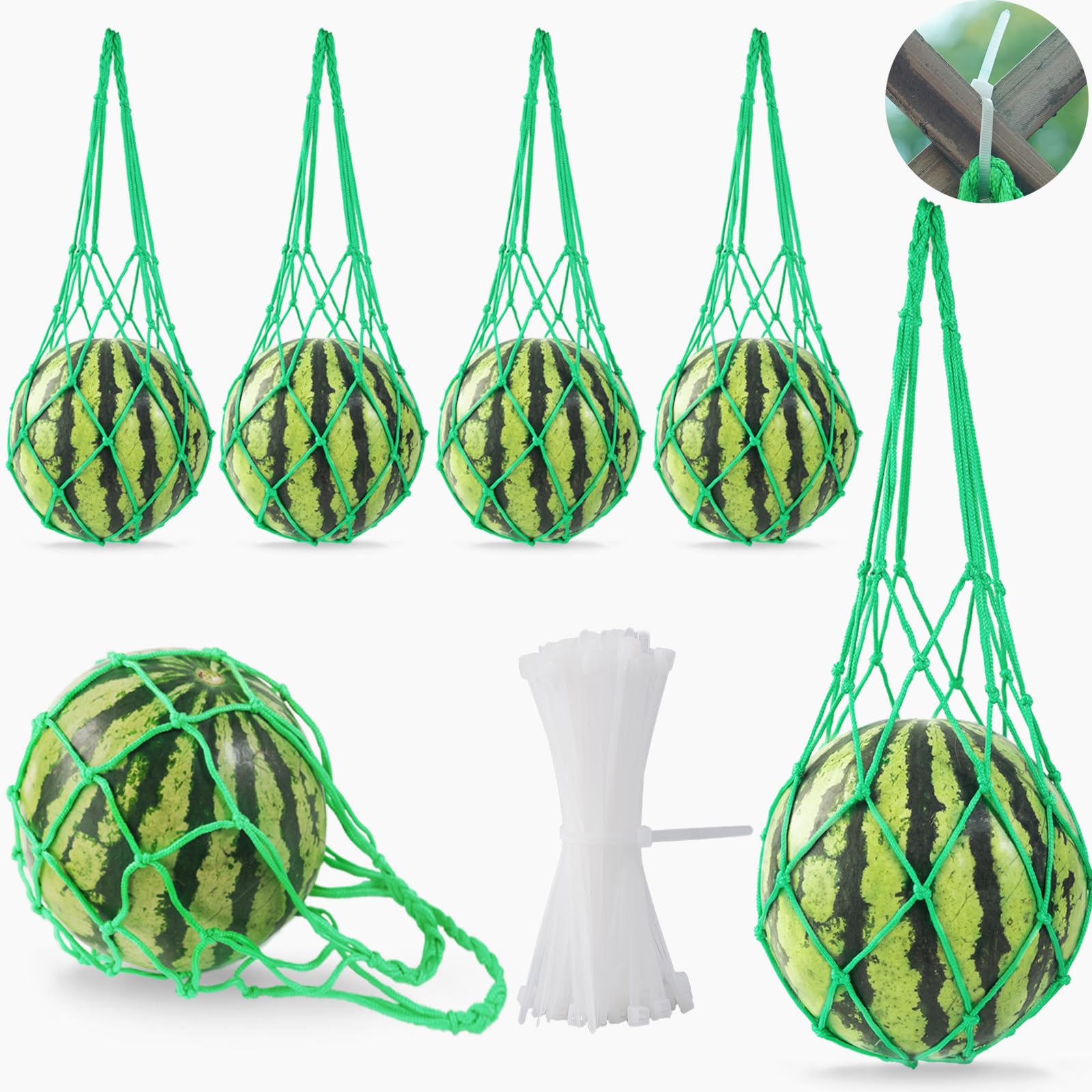Photo 1 of Rerialsaera 10Pack Melon Hammock Watermelon Nets with 20 Cable Zip Ties, Heavy Duty Watermelon Honeydew Net for Garden Trellis Vertical Garden Growing