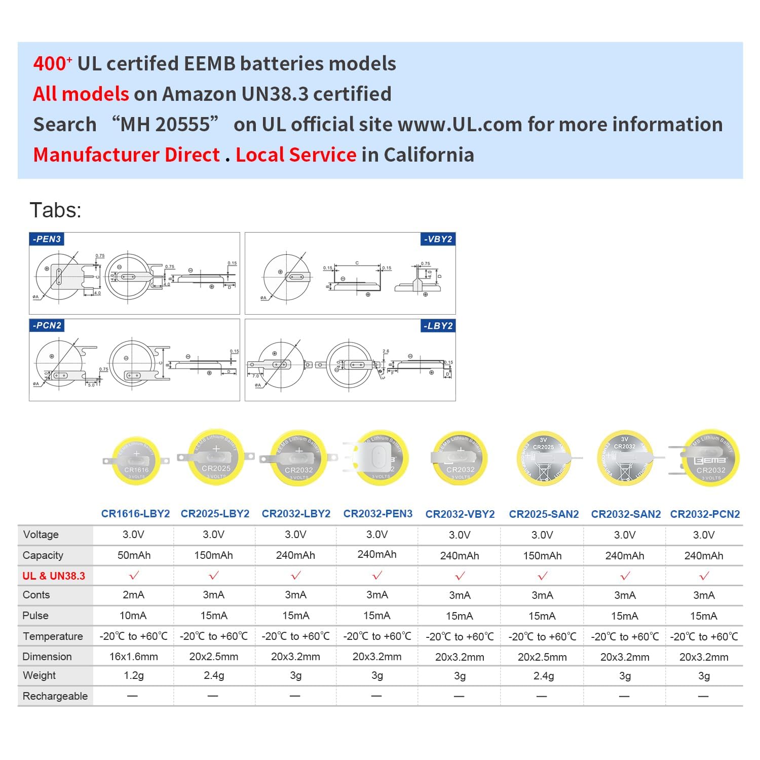 EEMB 10-Pack Tabbed CR2032 Battery CR2032 3V Lithium Battery with Solder Tabs 2032 Coin Cell Lithium Batteries for SNES, N64, Gameboy Color Game Replacement
