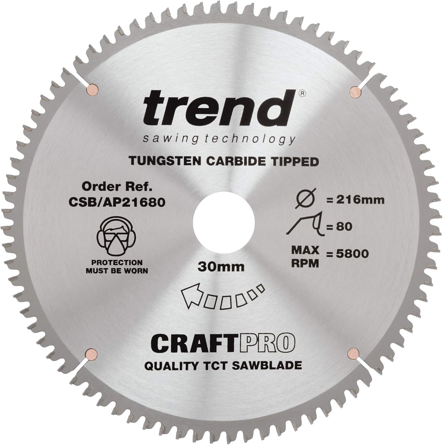 Trend Aluminium & Plastic Circular Saw Blade, 216mm Diameter, 30mm Bore, 80 Teeth, 2.8mm Kerf, -6° Hook, TCT