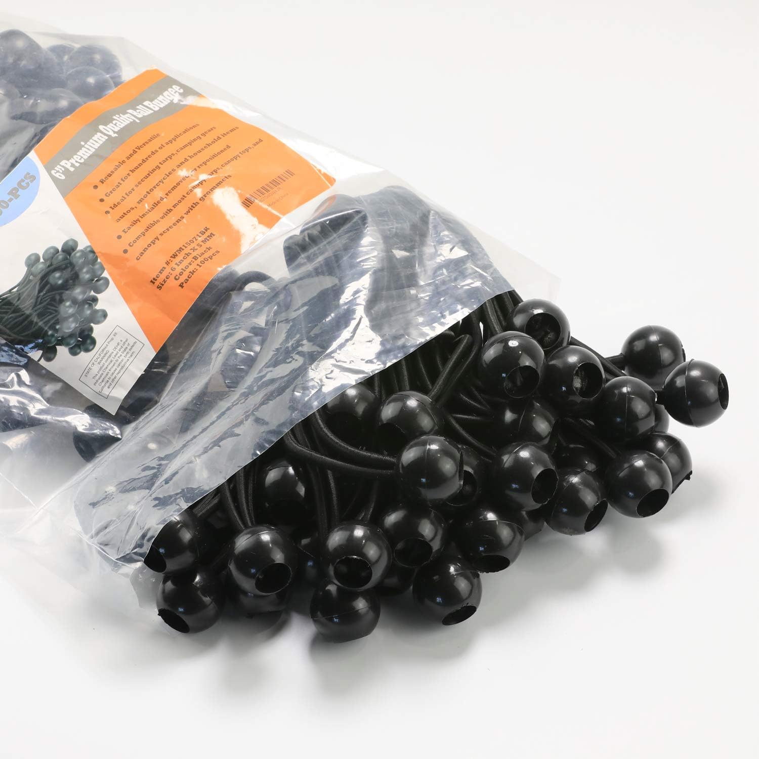 6 inch 100 Piece Heavy Duty 5mm Ball Bungee Canopy Cord By Wellmax, Black Color - - 