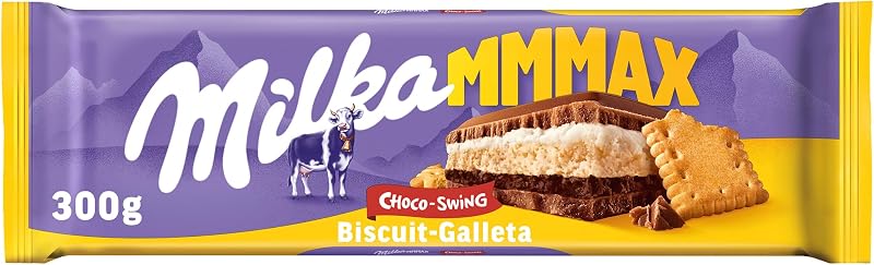 Barra grande de chocolate ao leite alpino milka mmmax choco swing com biscoito, recheio de creme de leite e recheio de creme de cacau 300g