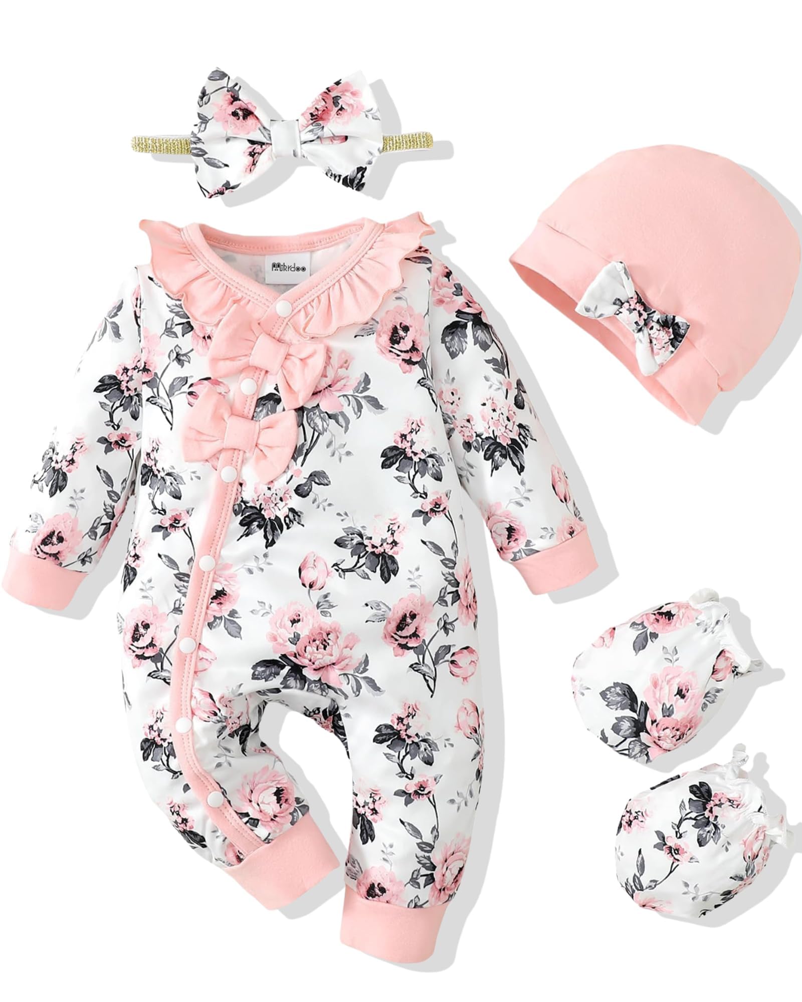 Photo 1 of Mikrdoo Preemie Baby Girl Clothes Long Sleeve Button Snap Rompers 4 Pieces Clothe Set for Preemie Girl Pink Floral Dress