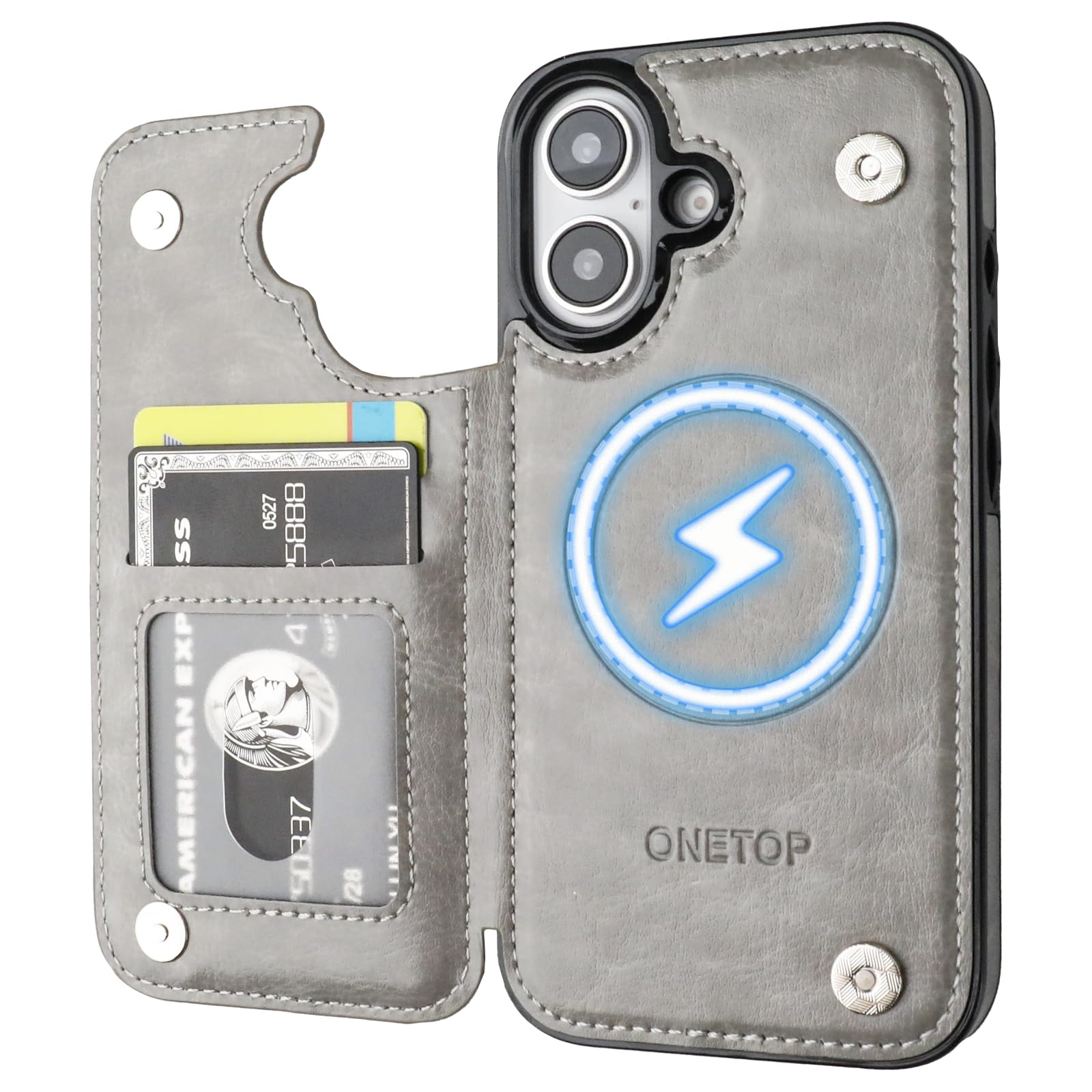 ONETOP Compatible with Magsafe for iPhone 16 Wallet Case with Card Holder, PU Leather Kickstand RFID Blocking Case, Double Magnetic Clasp and Durable Shockproof Cover 6.1 Inch (Grey)