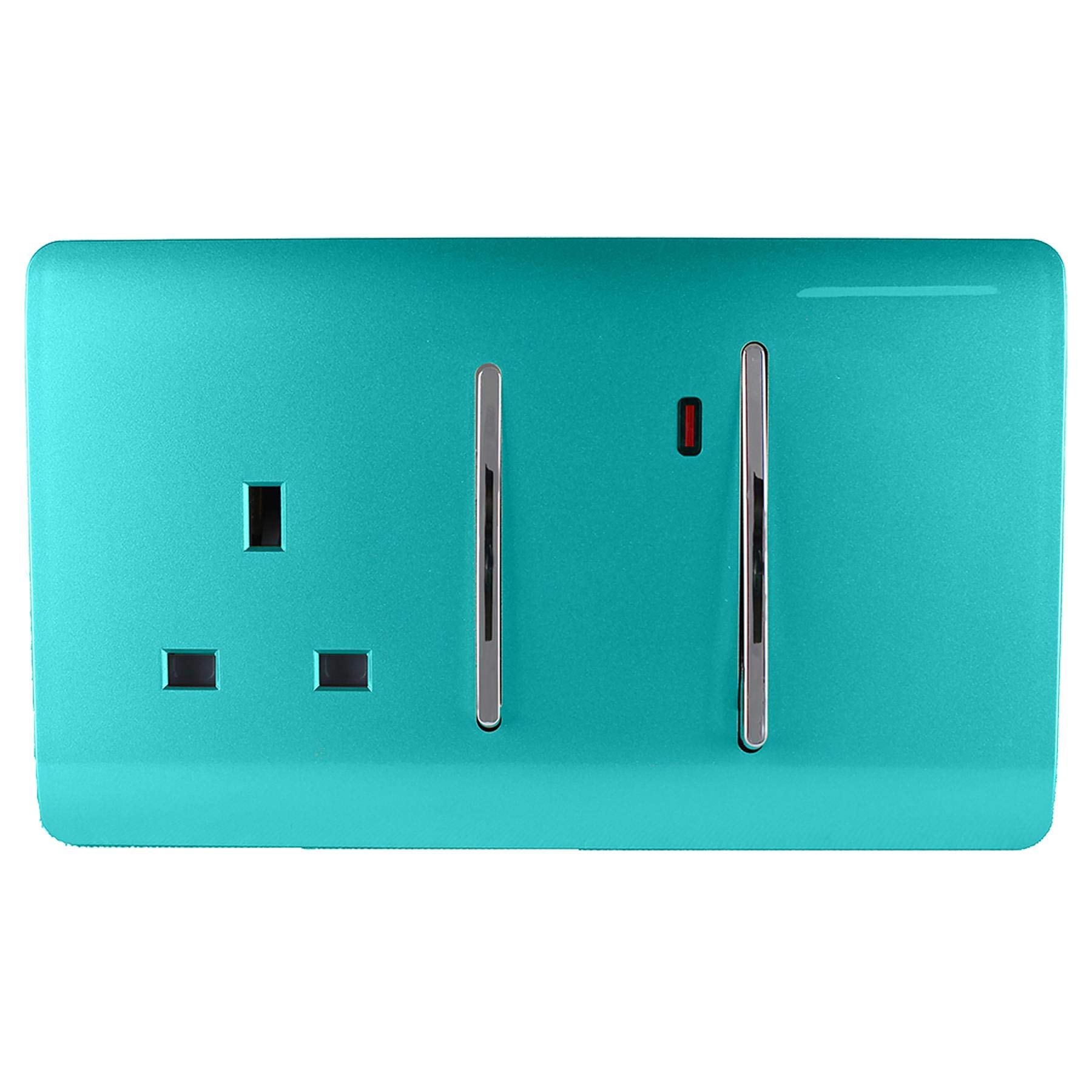 Trendi Switch Screwless Artistic Modern Decorative Glossy 45 A Cooker Switch Control Unit & Single Plug Socket Inc Neon Indicator for Indoor Use in Bright Teal - ART-WHS213BT
